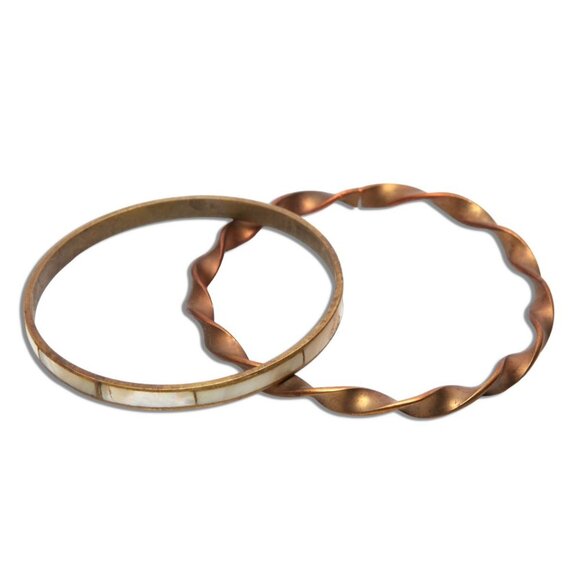 Vintage Bangle Bracelets Brass Mother of Pearl Shell Copper Twist Metal Casual - Picture 11 of 11